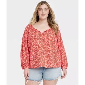 Universal Thread Women's Boho Ditsy Floral Top Blouse Peasant Size 2XL Red White